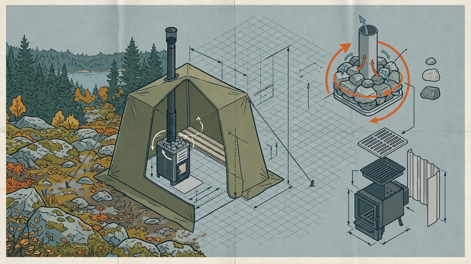 Teknisk illustration av bastustenar, stenkorg och kamin i ett bastutält