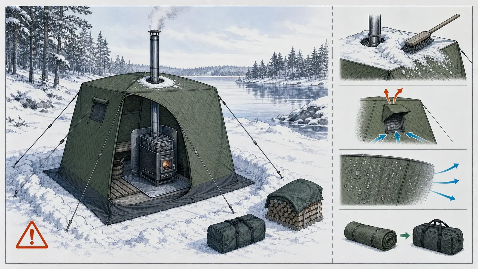 Vinteruppställt bastutält med förankring, ventilerad kamin och torkningssteg