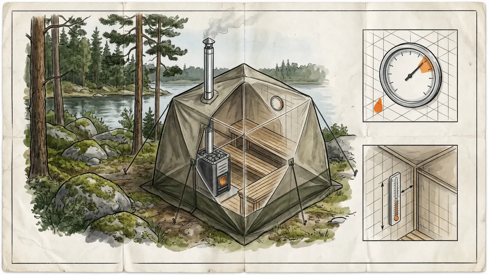 Bastutält med två tekniska illustrationer av termometerns placering och skala
