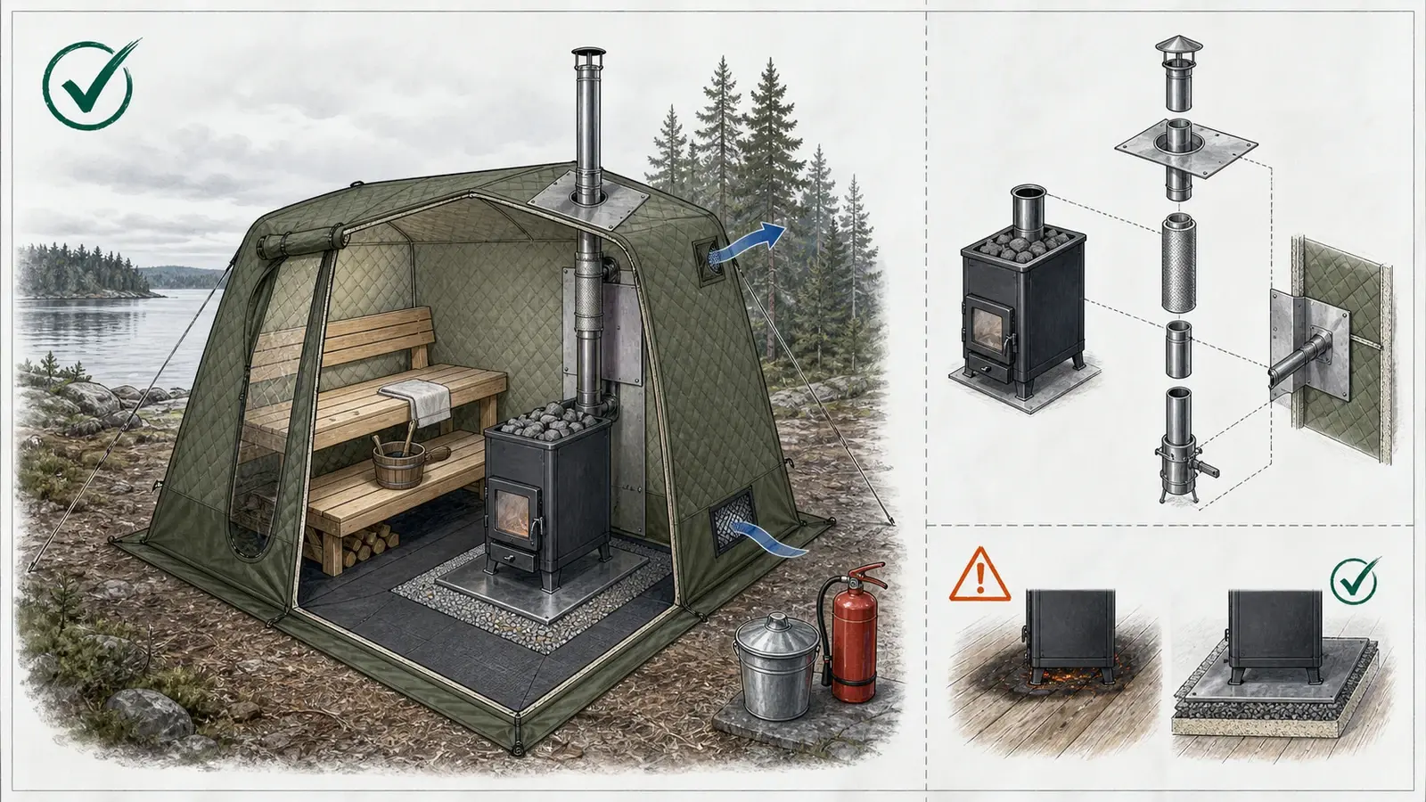 Säker bastutältsuppställning med ventilerad kamin, brandsläckare och askhink