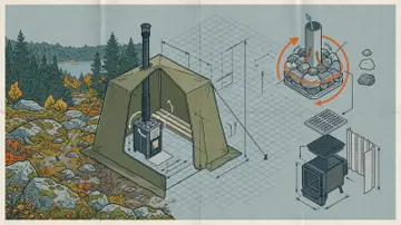 Teknisk illustration av bastustenar, stenkorg och kamin i ett bastutält