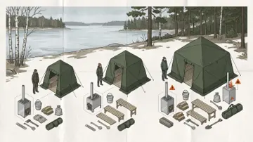 Tre storlekar av bastutält med kamin och packutrustning vid en vintersjö