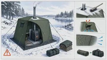 Vinteruppställt bastutält med förankring, ventilerad kamin och torkningssteg