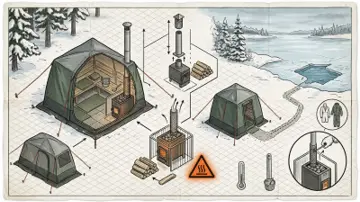 Fältplans med bastutält, isvak, gångväg och värmesäkra kaminlösningar
