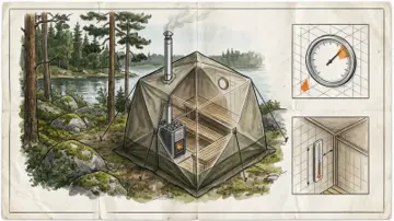 Bastutält med två tekniska illustrationer av termometerns placering och skala