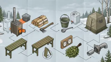 Illustrerad översikt av kamin, bänkar och tillbehör för bastutält