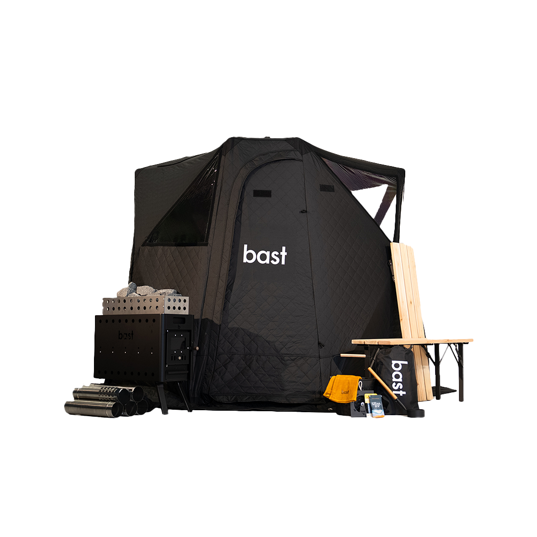Näver Premium bastutält med kamin, bänkar och tillbehör