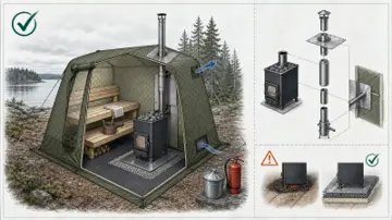 Säker bastutältsuppställning med ventilerad kamin, brandsläckare och askhink